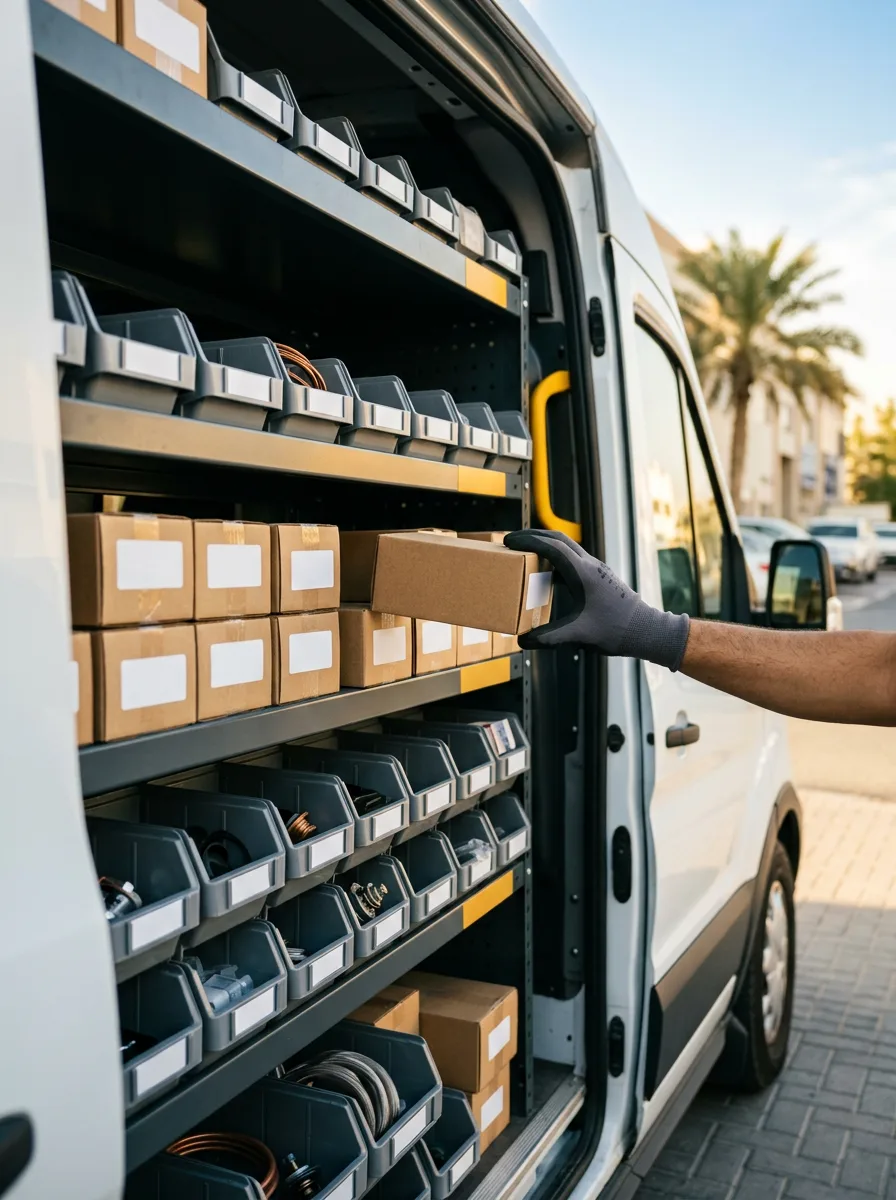 A gloved technician picking a spare-part box from the organized shelving inside a service van, palm trees behind