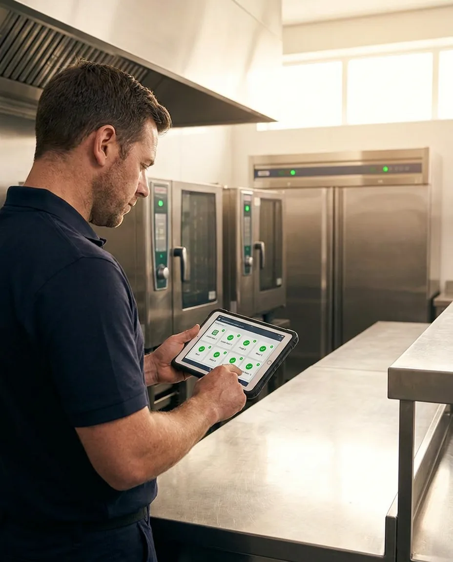 Kitchen manager in dark polo checking equipment status on a tablet in front of commercial combi ovens with green indicator lights