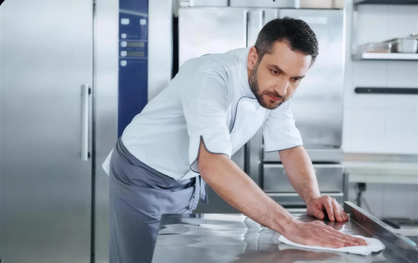 A technician carefully inspecting and wiping down stainless steel kitchen equipment during a preventive maintenance visit