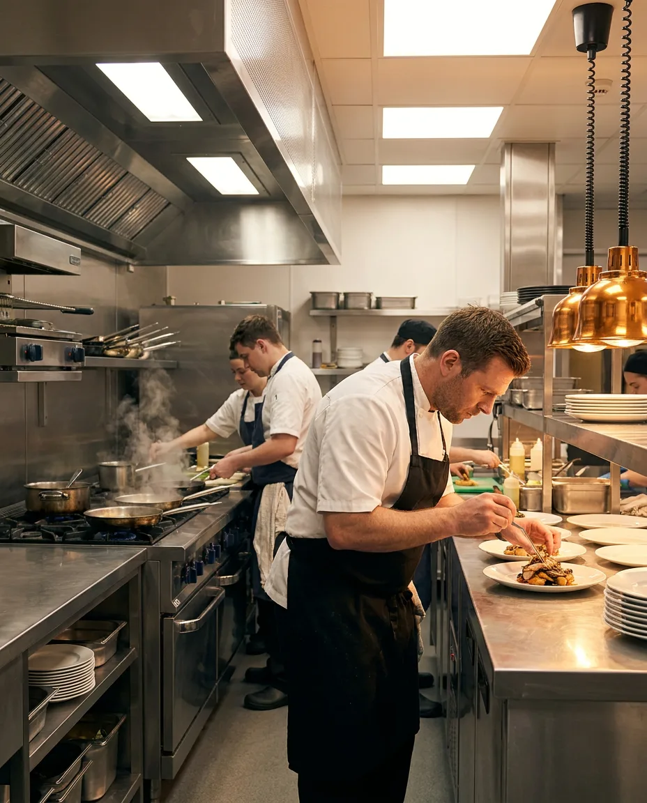 Chefs plating dishes at the pass in a busy commercial kitchen during evening service, steam rising from pans on the line