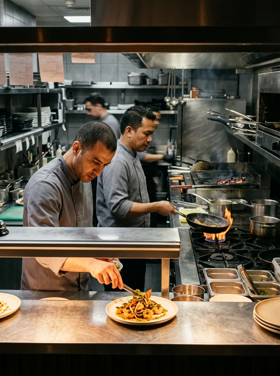 A busy restaurant floor with the open kitchen working behind the pass, service running normally