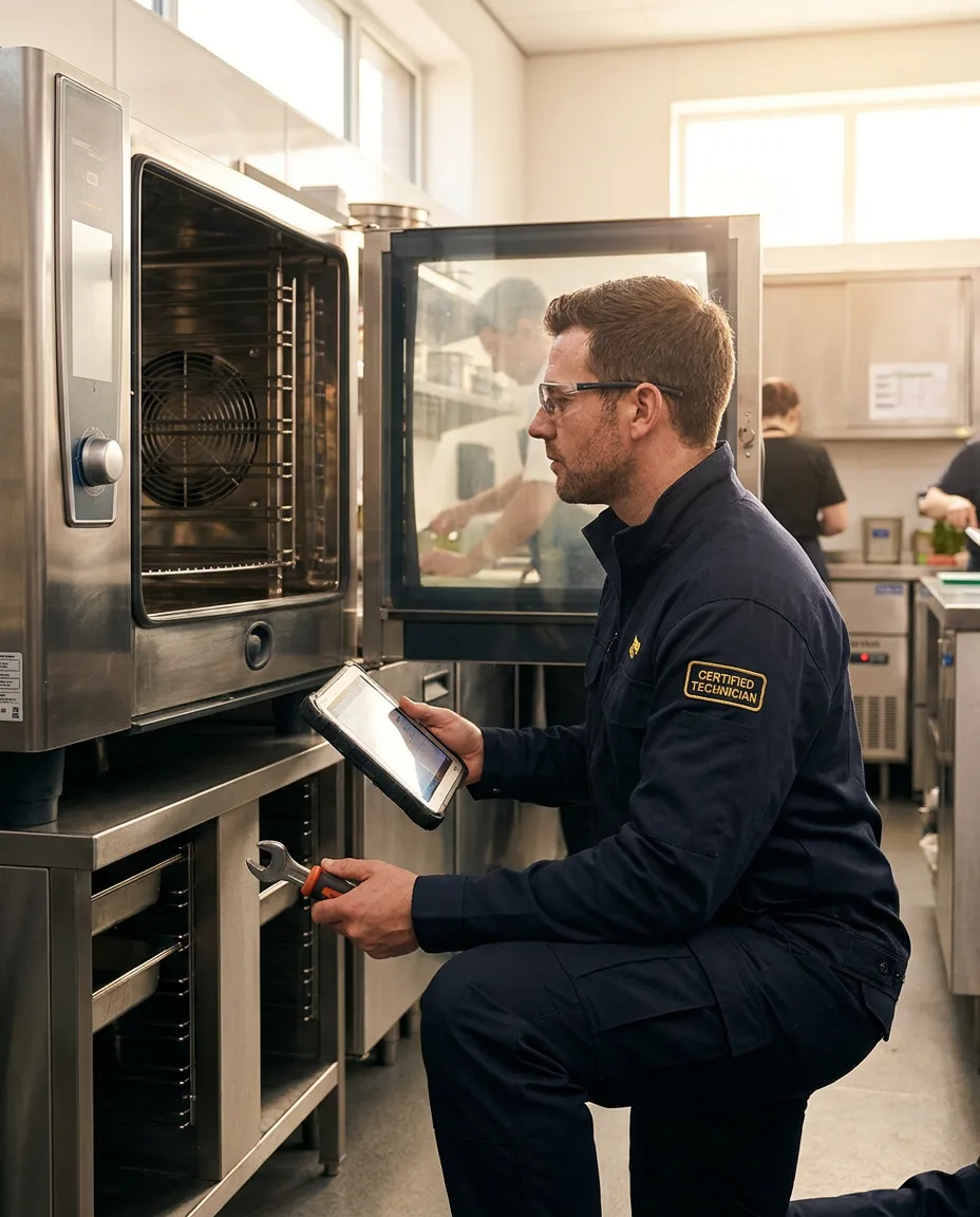 A certified technician inspecting a commercial oven with diagnostic tools in a professional kitchen