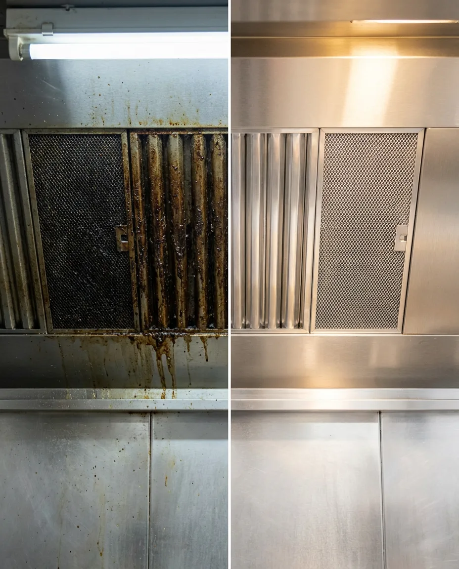 Before and after comparison of a commercial kitchen grease extraction hood filter, left side caked with brown grease, right side gleaming clean after maintenance