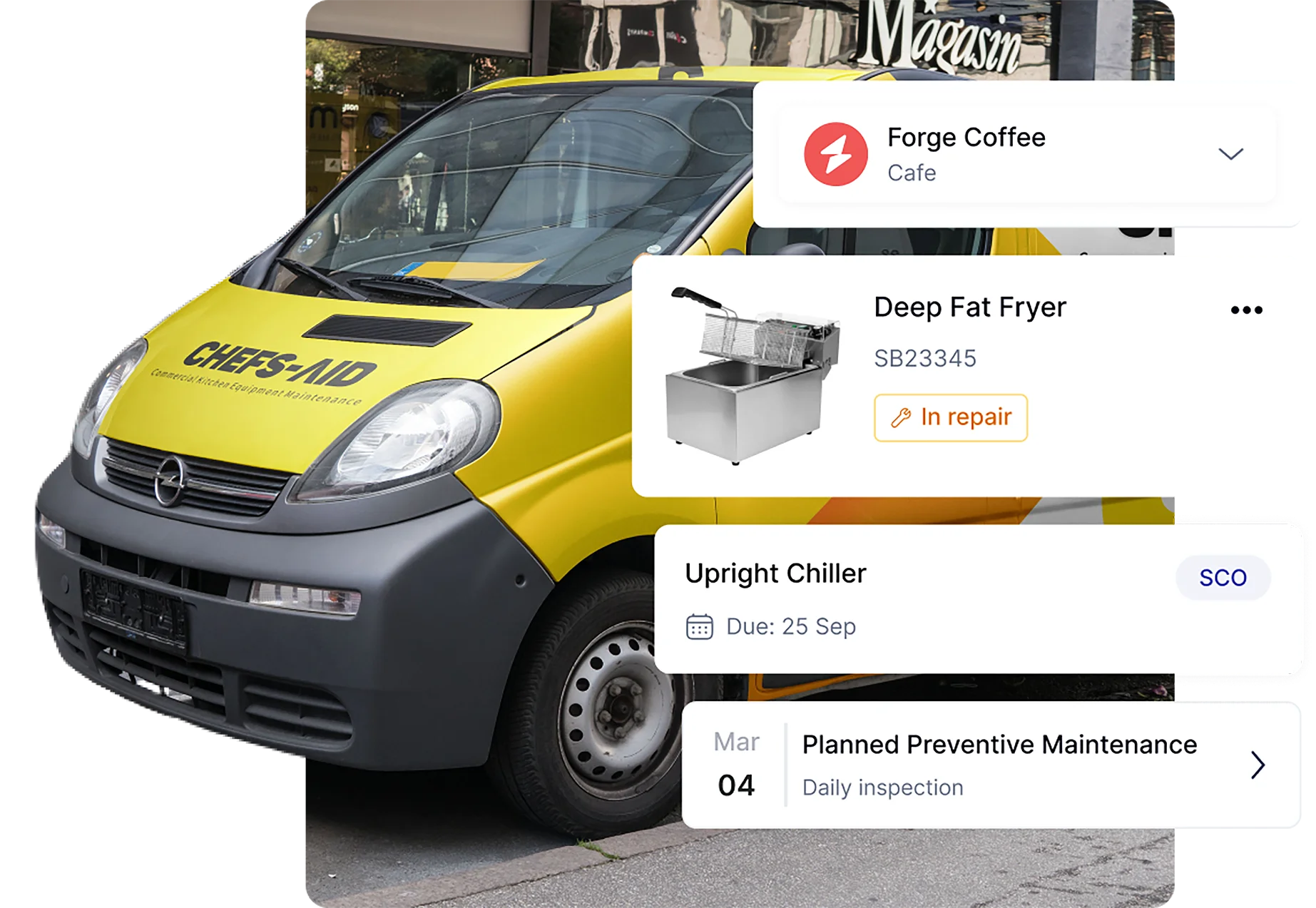 The yellow Chef's Aid service van with portal cards showing a fryer in repair, an upcoming chiller service, and a planned preventive maintenance visit
